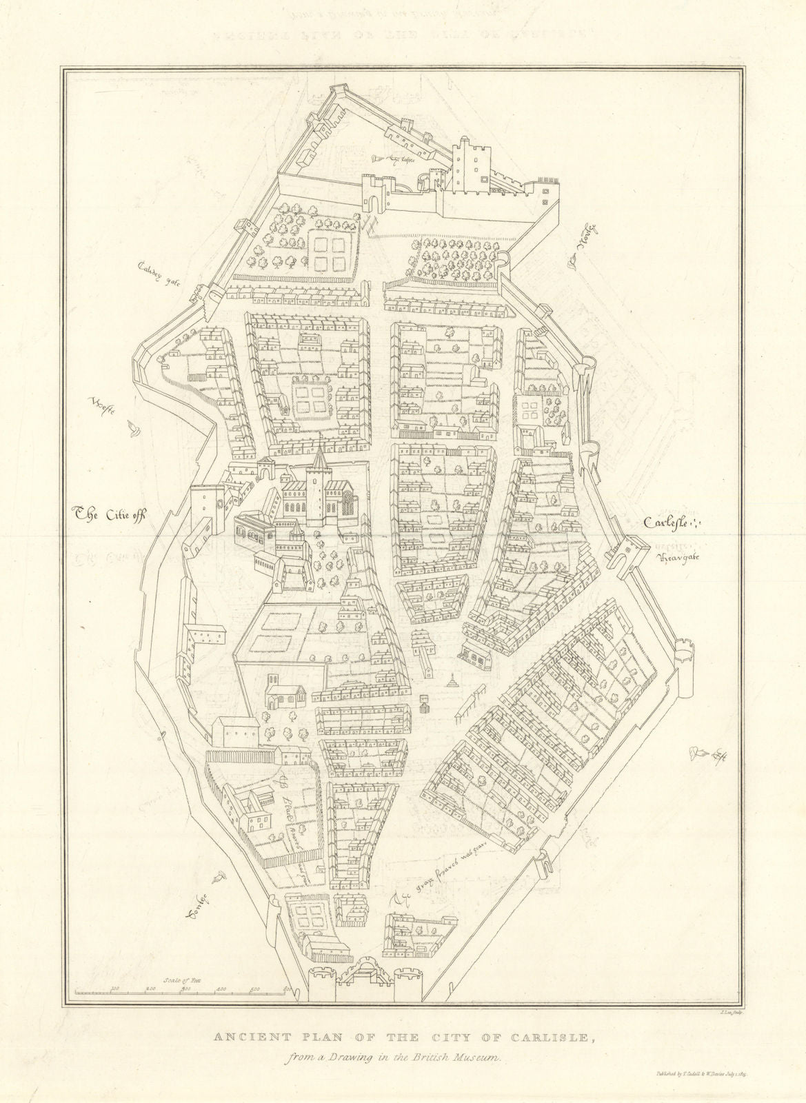 Ancient Plan of the City of Carlisle, Cumbria. LYSONS 1816 old antique map